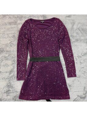 Express Short Dress Women S Purple Nylon Mini Sequin Party Cocktail Lined Belted
